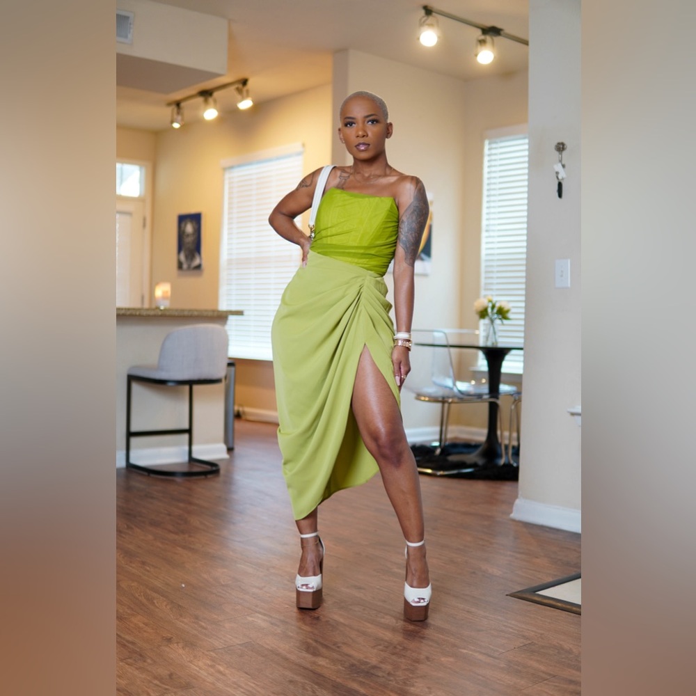 Elegant Lime Green Midi Skirt with Side Drape